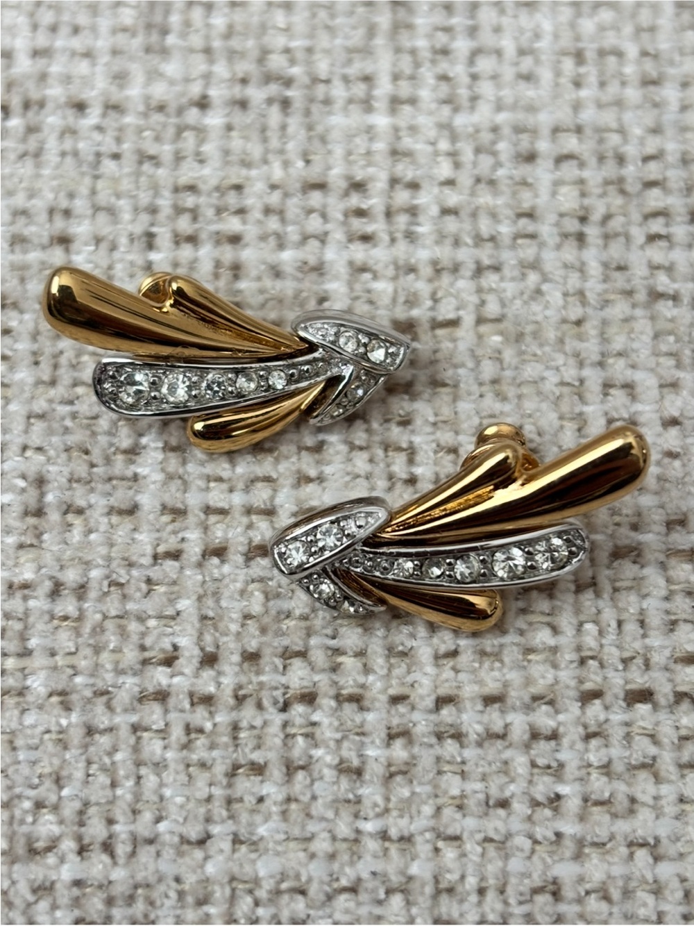 Vintage Monet Two Tone Rhinestone Stud Earrings Gold Silver Tone Signed